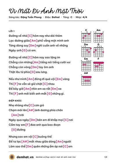 Hợp âm Vì Mất Đi Ánh Mặt Trời (Trung Quân) – bản nhạc PDF trang 1, tông C