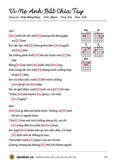 Hợp âm Vì Mẹ Anh Bắt Chia Tay (Miu Lê) – bản nhạc PDF trang 1, tông Em