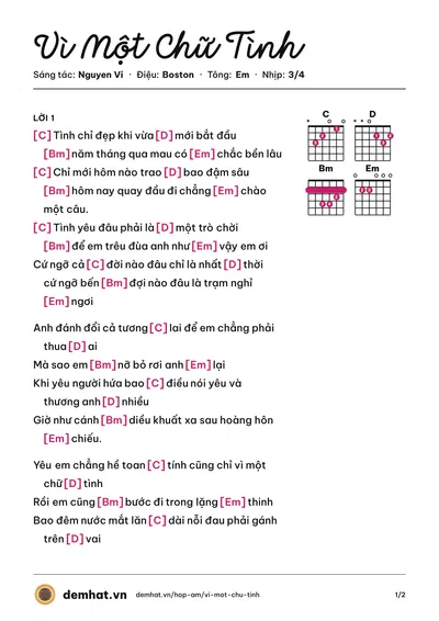 Hợp âm Vì Một Chữ Tình (Thái Học) – bản nhạc PDF trang 1, tông Em