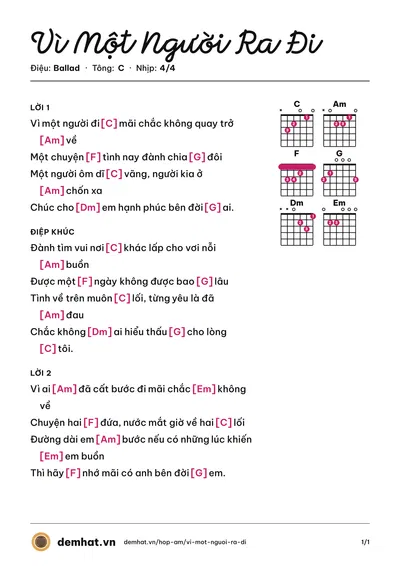 Hợp âm Vì Một Người Ra Đi (Ưng Hoàng Phúc) – bản nhạc PDF trang 1, tông C