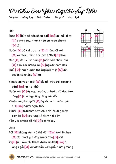 Hợp âm Vì Nếu Em Yêu Người Ấy Rồi (Bun) – bản nhạc PDF trang 1, tông G
