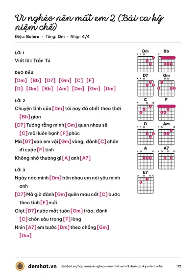 Hợp âm Vì nghèo nên mất em 2 (Bài ca kỷ niệm chế) (Minh Chiến) – bản nhạc PDF trang 1, tông Dm