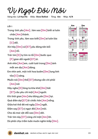 Hợp âm Vị Ngọt Đôi Môi (Thanh Thảo) – bản nhạc PDF trang 1, tông Am