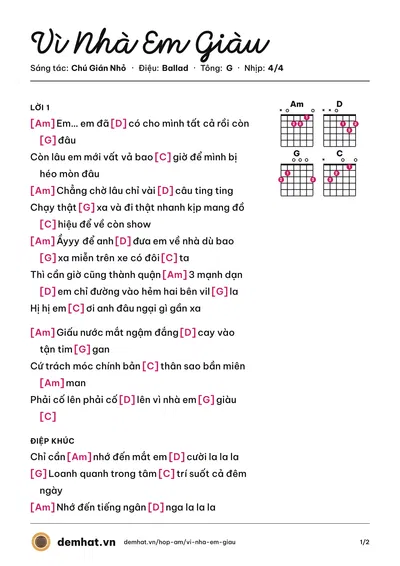 Hợp âm Vì Nhà Em Giàu (Chú Gián Nhỏ) – bản nhạc PDF trang 1, tông G