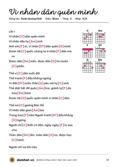 Hợp âm Vì nhân dân quên mình (Tốp Ca Nam) – bản nhạc PDF trang 1, tông C