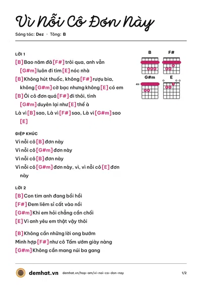 Hợp âm Vì Nỗi Cô Đơn Này (Dez) – bản nhạc PDF trang 1, tông B