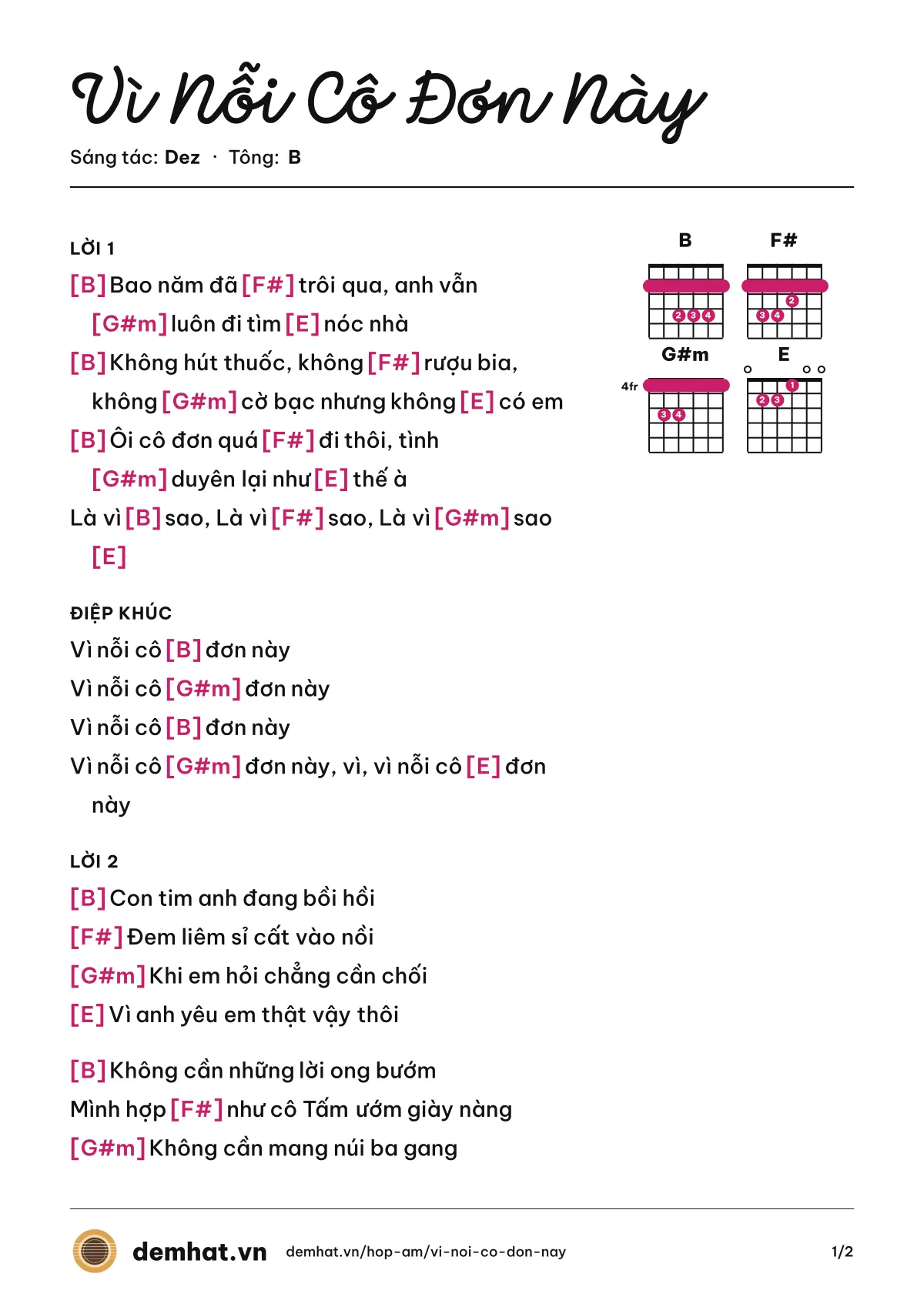 Hợp âm Vì Nỗi Cô Đơn Này (Dez) – bản nhạc PDF trang 1, tông B