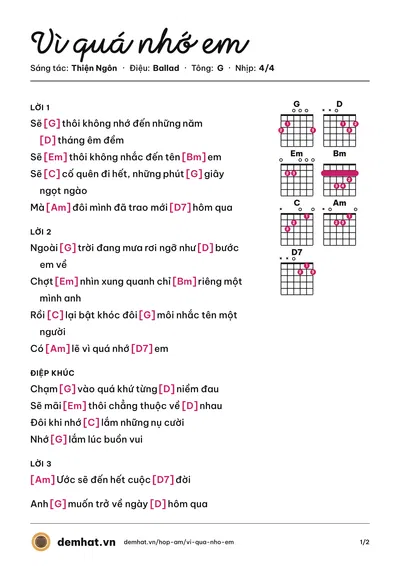 Hợp âm Vì quá nhớ em (Thiện Ngôn) – bản nhạc PDF trang 1, tông G