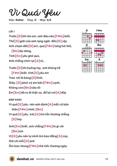 Hợp âm Vì Quá Yêu (Mr. Quyn) – bản nhạc PDF trang 1, tông D