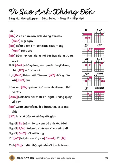 Hợp âm Vì Sao Anh Không Đến (Trà My) – bản nhạc PDF trang 1, tông F