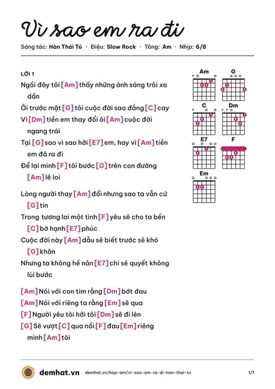 Hợp âm Vì sao em ra đi (Hàn Thái Tú) – bản nhạc PDF trang 1, tông Am