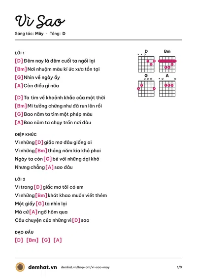 Hợp âm Vì Sao (Mây) – bản nhạc PDF trang 1, tông D