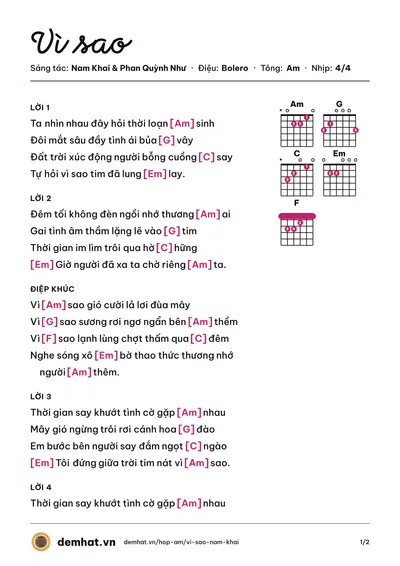 Hợp âm Vì sao (Quang Lập) – bản nhạc PDF trang 1, tông Am