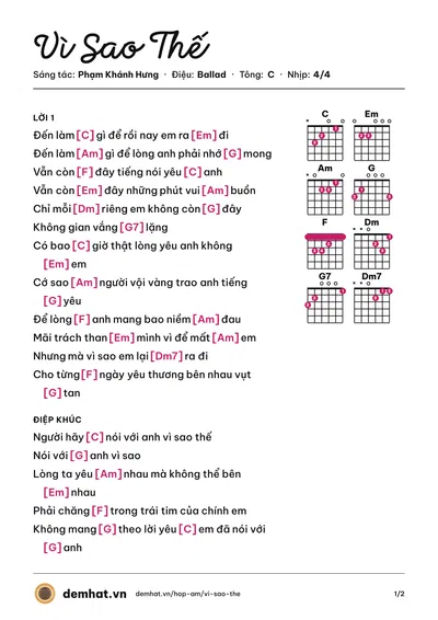 Hợp âm Vì Sao Thế (Phạm Khánh Hưng) – bản nhạc PDF trang 1, tông C