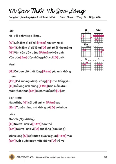 Hợp âm Vì Sao Thế? Vì Sạo Lòng (jimmi ngủyên) – bản nhạc PDF trang 1, tông D