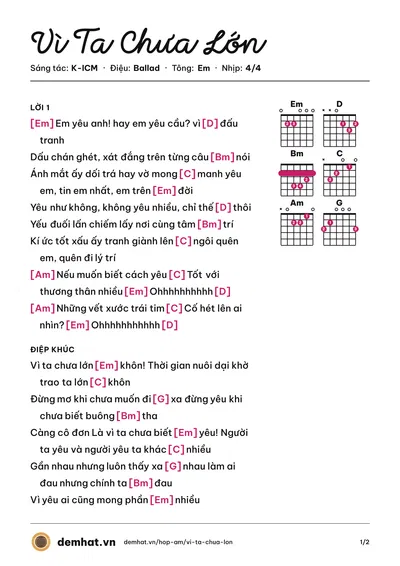 Hợp âm Vì Ta Chưa Lớn (APJ) – bản nhạc PDF trang 1, tông Em
