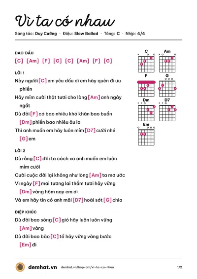 Hợp âm Vì ta có nhau (Duy Cường) – bản nhạc PDF trang 1, tông C