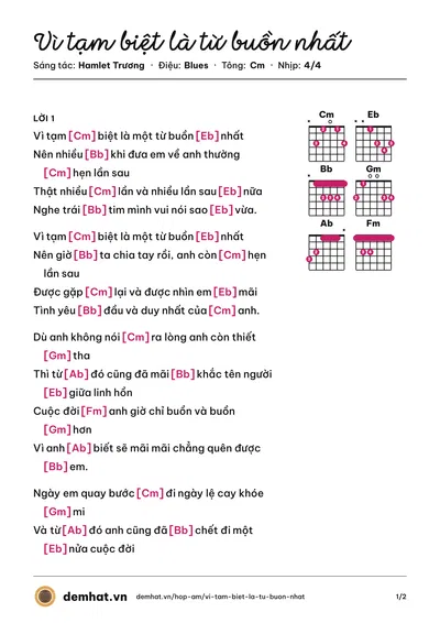 Hợp âm Vì tạm biệt là từ buồn nhất (Hamlet Trương) – bản nhạc PDF trang 1, tông Cm
