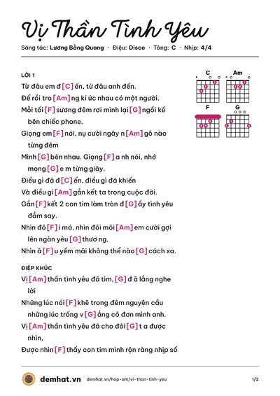 Hợp âm Vị Thần Tình Yêu (Lương Bằng Quang) – bản nhạc PDF trang 1, tông C