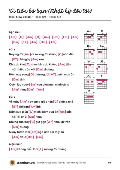 Hợp âm Vì tiền bỏ bạn (Nhật ký đời tôi) (Minh Chiến) – bản nhạc PDF trang 1, tông Am