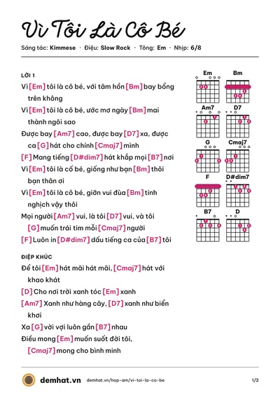 Hợp âm Vì Tôi Là Cô Bé (Kimmese) – bản nhạc PDF trang 1, tông Em