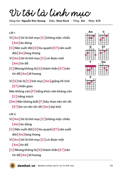 Hợp âm Vì tôi là linh mục (Vũ Khanh) – bản nhạc PDF trang 1, tông Am