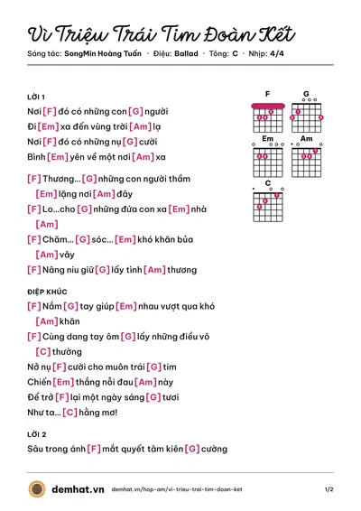 Hợp âm Vì Triệu Trái Tim Đoàn Kết (SongMin Hoàng Tuấn) – bản nhạc PDF trang 1, tông C