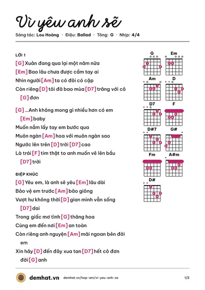 Hợp âm Vì yêu anh sẽ (Lou Hoàng) – bản nhạc PDF trang 1, tông G
