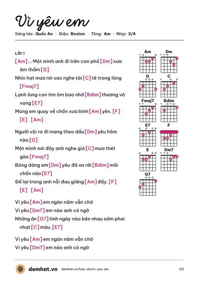 Hợp âm Vì yêu em (Quang Dũng) – bản nhạc PDF trang 1, tông Am