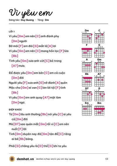 Hợp âm Vì yêu em (Duy Quang) – bản nhạc PDF trang 1, tông Dm