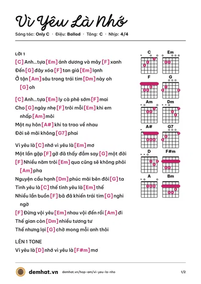 Hợp âm Vì Yêu Là Nhớ (Han SaRa) – bản nhạc PDF trang 1, tông C