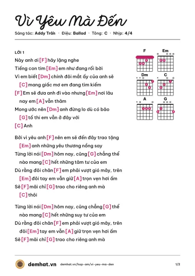 Hợp âm Vì Yêu Mà Đến (Phương Nga) – bản nhạc PDF trang 1, tông C