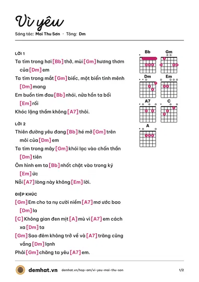 Hợp âm Vì yêu (Mai Thu Sơn) – bản nhạc PDF trang 1, tông Dm