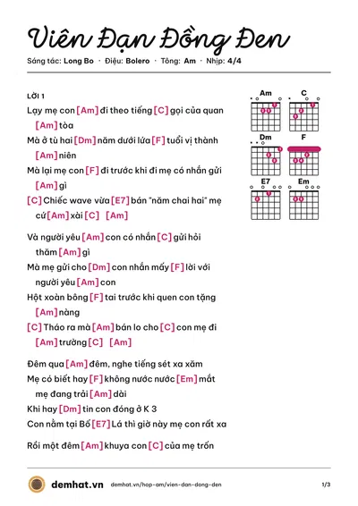 Hợp âm Viên Đạn Đồng Đen (Long Bo) – bản nhạc PDF trang 1, tông Am
