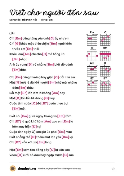 Hợp âm Viết cho người đến sau (Tâm Thư) – bản nhạc PDF trang 1, tông Em
