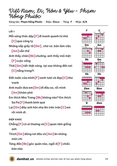 Hợp âm Việt Nam, Đi, Hôn & Yêu - Phạm Hồng Phước (Phạm Hồng Phước) – bản nhạc PDF trang 1, tông F