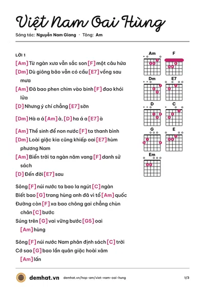 Hợp âm Việt Nam Oai Hùng (Mủn Gỗ) – bản nhạc PDF trang 1, tông Am