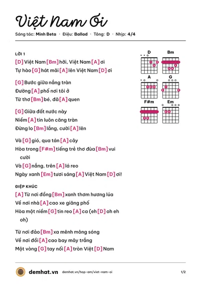 Hợp âm Việt Nam Ơi (Minh Beta) – bản nhạc PDF trang 1, tông D