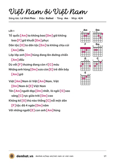 Hợp âm Việt Nam ôi Việt Nam (Nguyên Lộc) – bản nhạc PDF trang 1, tông Am