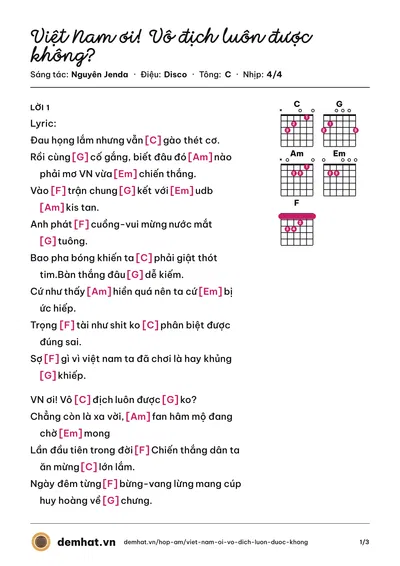 Hợp âm Việt Nam ơi! Vô địch luôn được không? (Ba chú bộ đội) – bản nhạc PDF trang 1, tông C