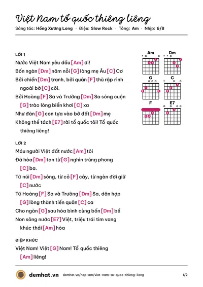 Hợp âm Việt Nam tổ quốc thiêng liêng (Hồng Xương Long) – bản nhạc PDF trang 1, tông Am