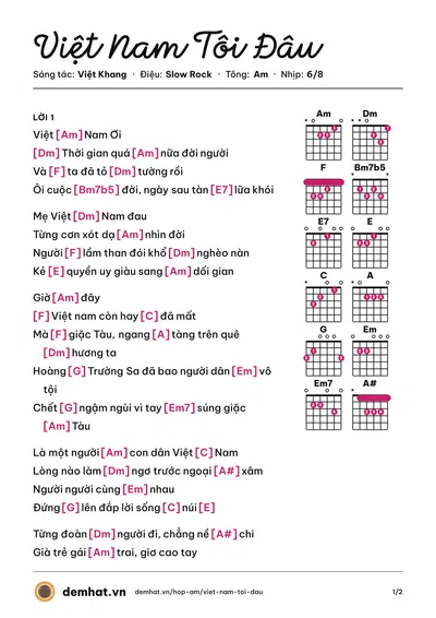 Hợp âm Việt Nam Tôi Đâu (Việt Khang) – bản nhạc PDF trang 1, tông Am