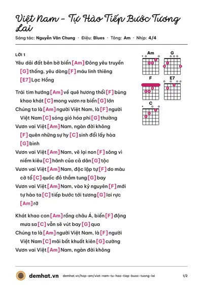 Hợp âm Việt Nam - Tự Hào Tiếp Bước Tương Lai (Tùng Dương) – bản nhạc PDF trang 1, tông Am
