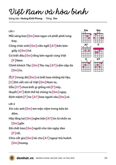 Hợp âm Việt Nam và hòa bình (Nguyễn Quyết Thắng) – bản nhạc PDF trang 1, tông Dm