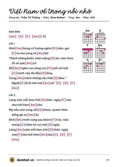 Hợp âm Việt Nam về trong nỗi nhớ (Hợp ca Asia) – bản nhạc PDF trang 1, tông Am
