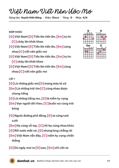 Hợp âm Việt Nam Viết Nên Ước Mơ (Huỳnh Hiền Năng) – bản nhạc PDF trang 1, tông G