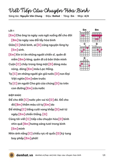 Hợp âm Viết Tiếp Câu Chuyện Hòa Bình (Nguyễn Duyên Quỳnh) – bản nhạc PDF trang 1, tông Em