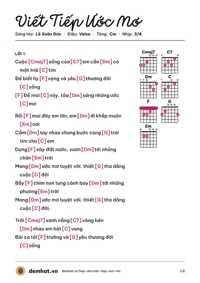 Hợp âm Viết Tiếp Ước Mơ (Hương Tràm) – bản nhạc PDF trang 1, tông Cm