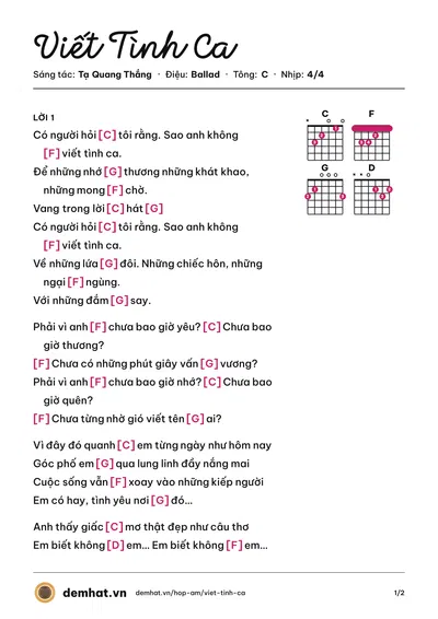 Hợp âm Viết Tình Ca (Tạ Quang Thắng) – bản nhạc PDF trang 1, tông C