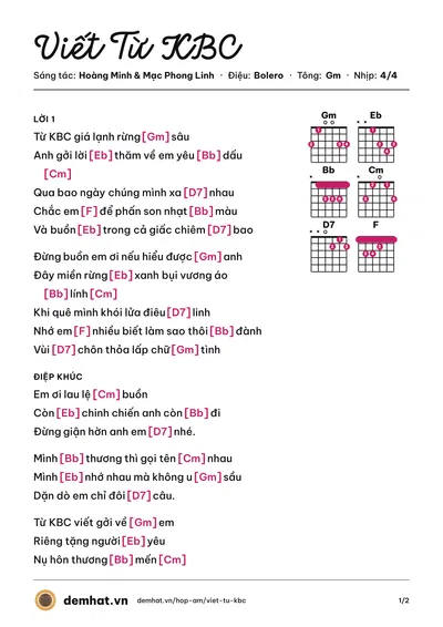 Hợp âm Viết Từ KBC (Trường Vũ) – bản nhạc PDF trang 1, tông Gm